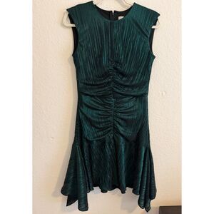 DKNY Women’s Metallic Green Pleated Ruched Asymmetric Hem Cocktail Dress Size 2